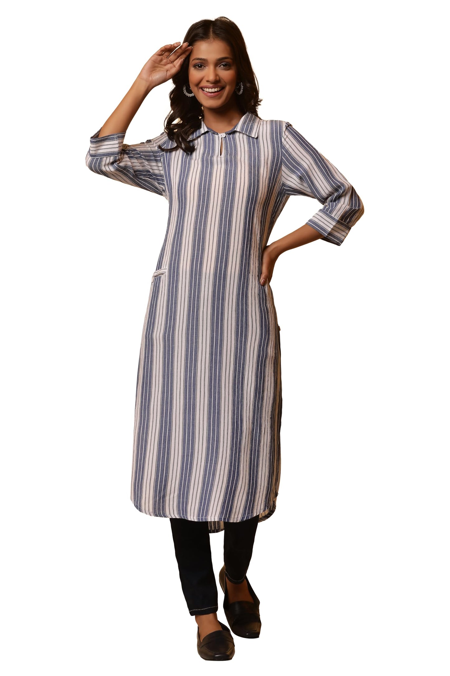 Aurelia Women Blue Striped Rayon Straight Kurta_24FEA14802_XS