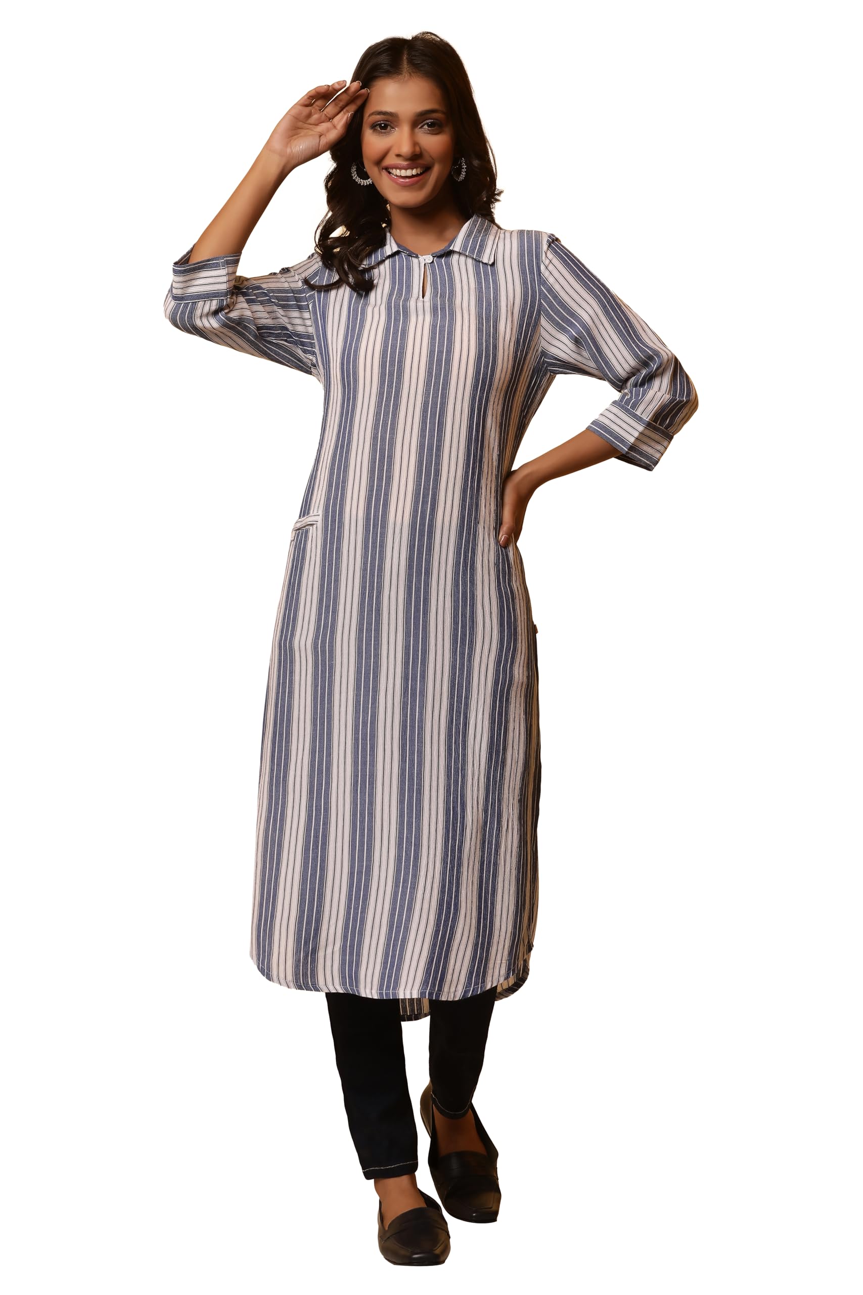 Aurelia Women Blue Striped Rayon Straight Kurta_24Fea14802_Xl