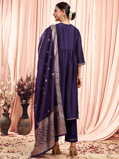 Sanisa Women's Silk Blend Sequins Embroidery Anarkali Kurta with Pant and Dupatta Set