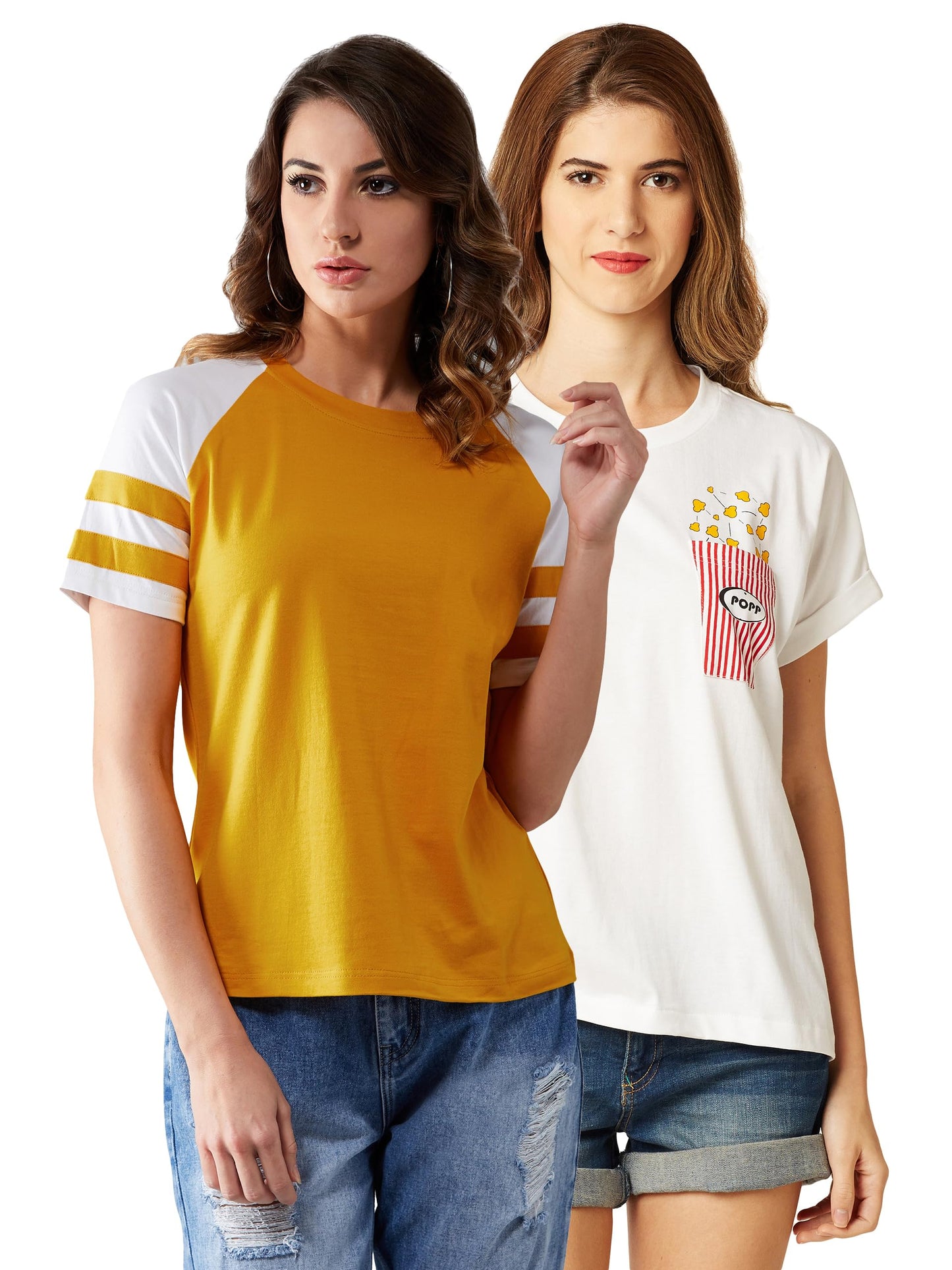 Miss Chase WomenS Cotton Knitted Regular Length Round Neck Basic Solid & Printed Pack Of Two T-Shirt. (Mcss20Co04-34-211-03, Mu