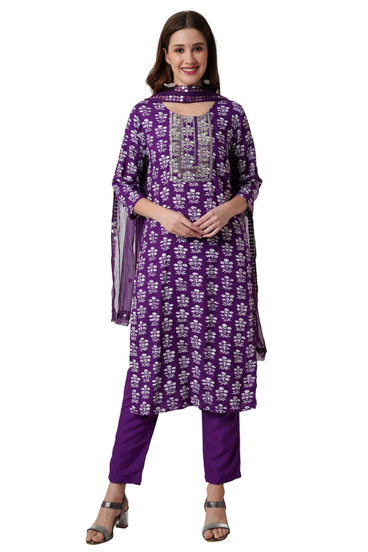 rytras Women's Embroidered Straight Kurta with Pant and Dupatta Set
