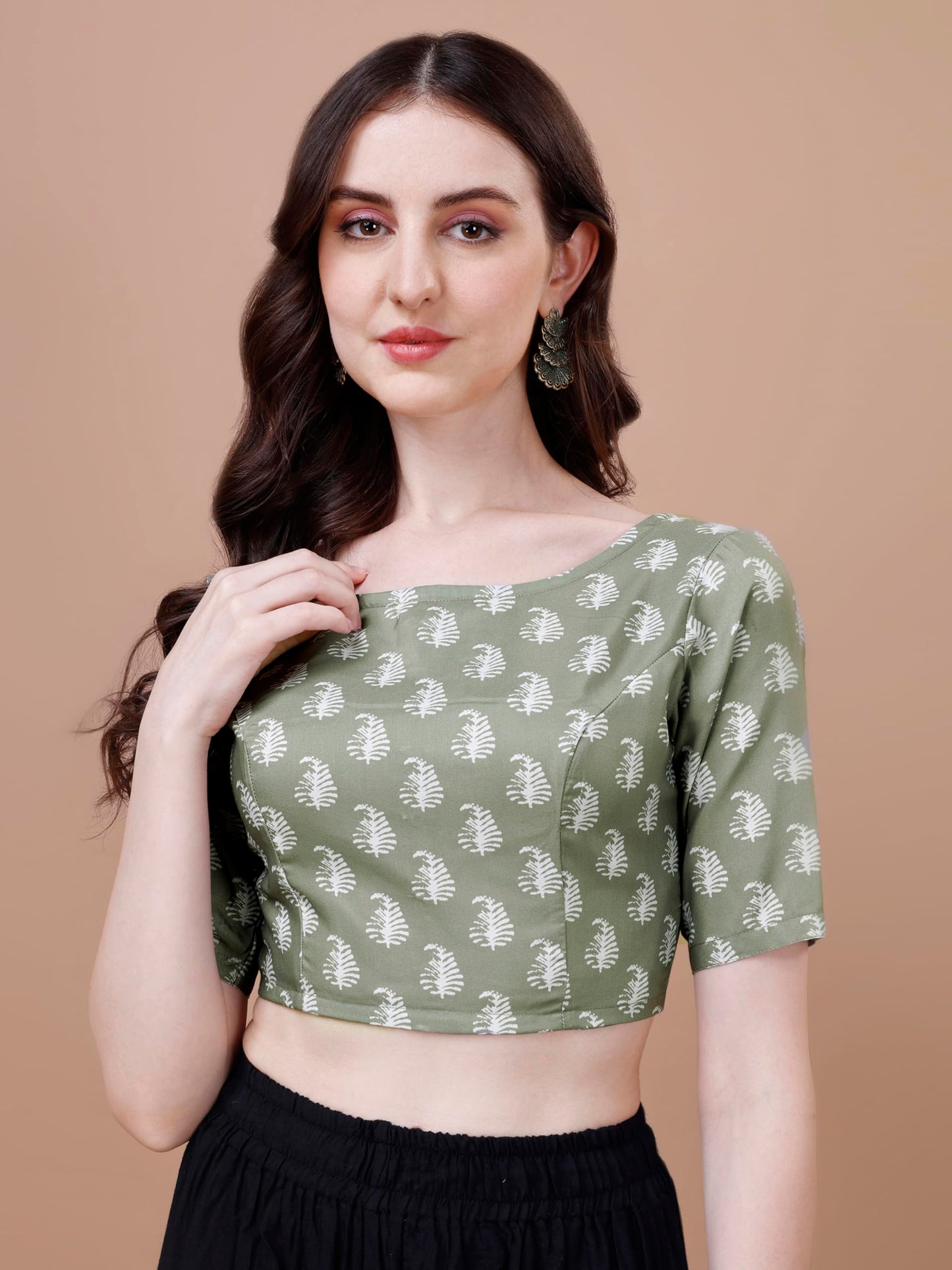Oomph! WomenS Indian Ethnic Wear Designer Paislay Pattern Boat Neck Half Sleeve Cotton Pista Blouse For Saree Or Lehnga And Blo