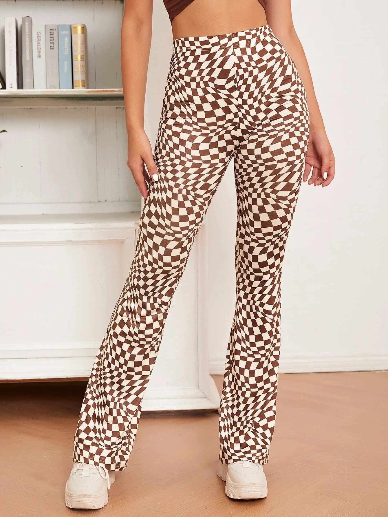 Shasmi Womens & Girls Coffee Checkered Print Dress Pants Stretchy Work Slacks Business Casual Office Bell-Bottom/Boot-Cut Elast