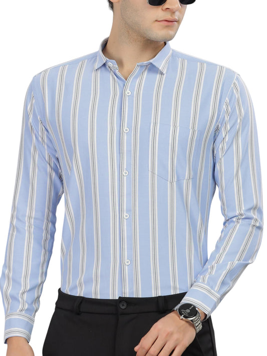Mildin MenS Pure Cotton Striped Printed Shirt With Spread Collared Neck Full Sleeve Curved Hemline Button Closure And Regular F