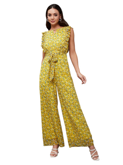 Miss Chase Womens Round neck Sleeveless Floral Wide Leg Regular Jumpsuit (MCSS25D93-17-164-06, Multicolored Base Yellow, XL)