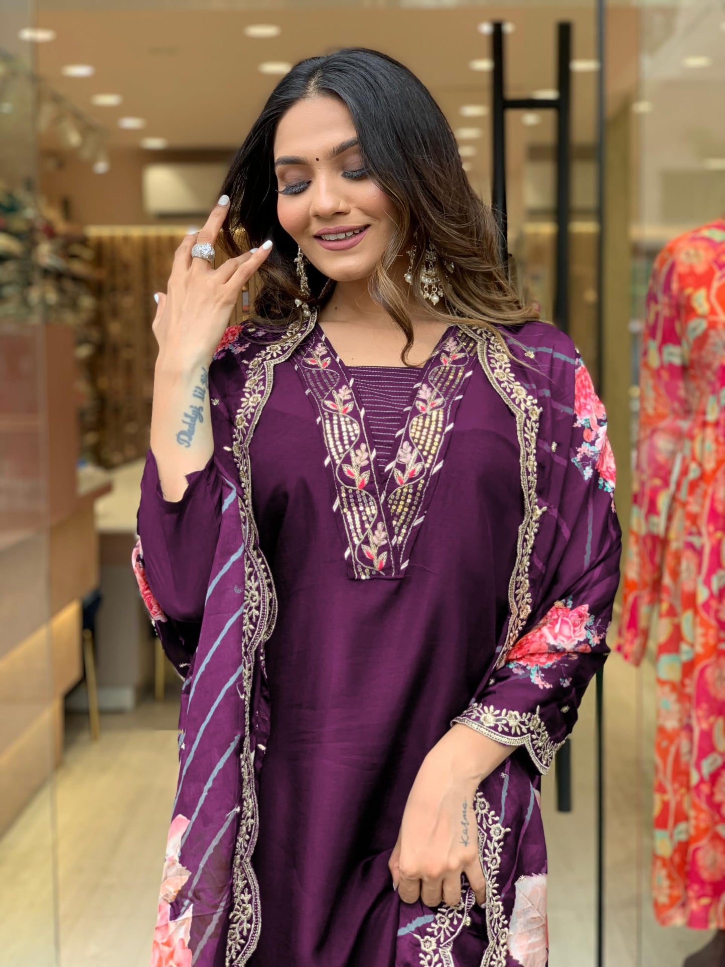 Goroly WomenS Cotton Blend Straight Cut Kurta Pant With 3/4 Sleeve Square Neck Calf Length And Printed Dupatta A-Line Style