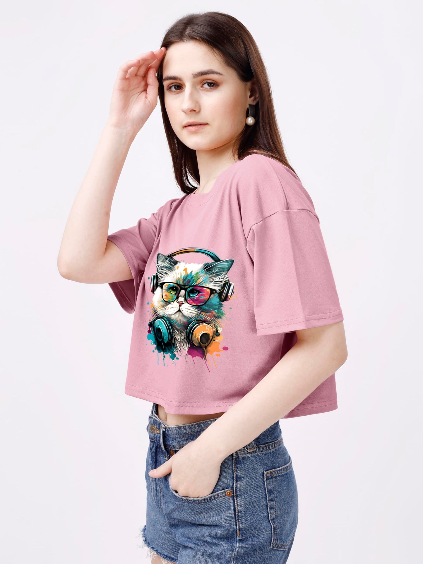 ELLITI Soft Rich Cotton Casual Cat Face Printed Rose Gold Half Sleeve | Round Neck | Oversized/Loose Fit | Down Solder | Rainbow