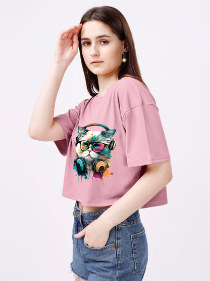 ELLITI Soft Rich Cotton Casual Cat Face Printed Rose Gold Half Sleeve | Round Neck | Oversized/Loose Fit | Down Solder | Rainbow