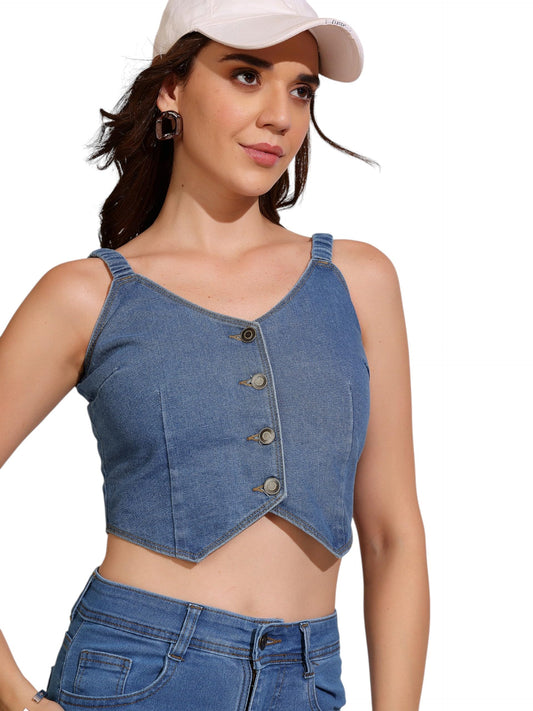 Dolce Crudo Womens V Neck Crop Waistcoat-Styled Crop Denim Top(DOAW24DEN03-36-303-05, Mid Blue, L)