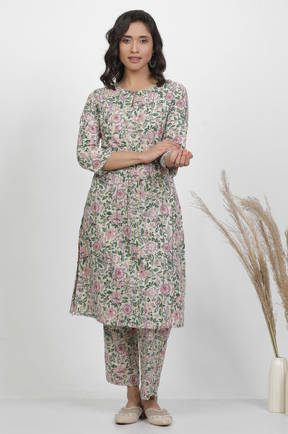 W Women's Off White Floral Printed Cotton Kurta and Pant Set with Gota