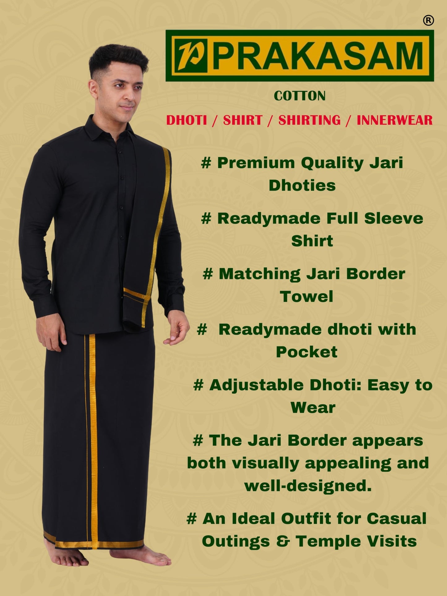 Prakasam Cotton Mens Flexi Readymade Black Jari Border Dhoti + Full Sleeve Black Shirt + Matching Black Jari Border Towel
