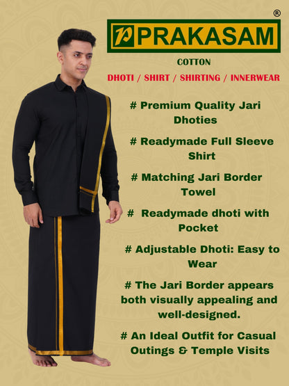 Prakasam Cotton Mens Flexi Readymade Black Jari Border Dhoti + Full Sleeve Black Shirt + Matching Black Jari Border Towel