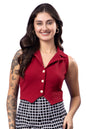 POPWINGS Maroon Solid Button Clousre V Neck Sleeveless Waistcoat Crop Top