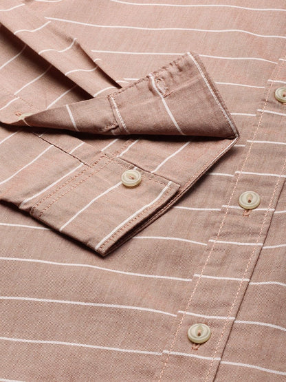 The Indian Garage Co Men Orange Striped Slim Fit Cotton Casual Shirt