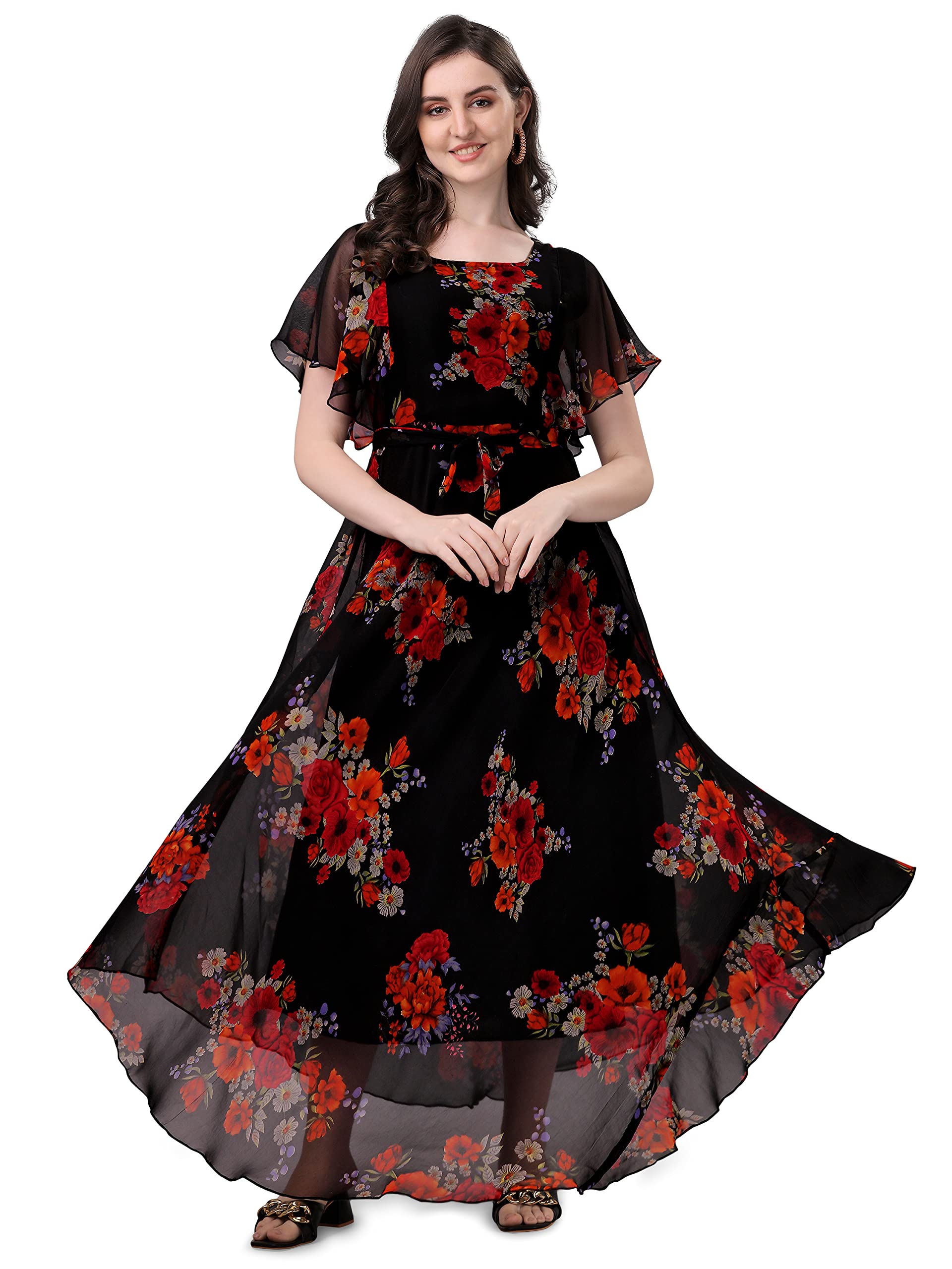Trillmixa WomenS Georgette Floral Maxi-Length Dress(T_Flower) Black