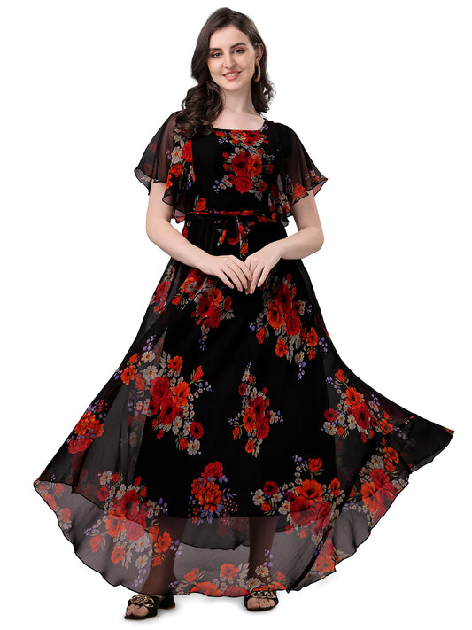 Trillmixa WomenS Georgette Floral Maxi-Length Dress(T_Flower) Black