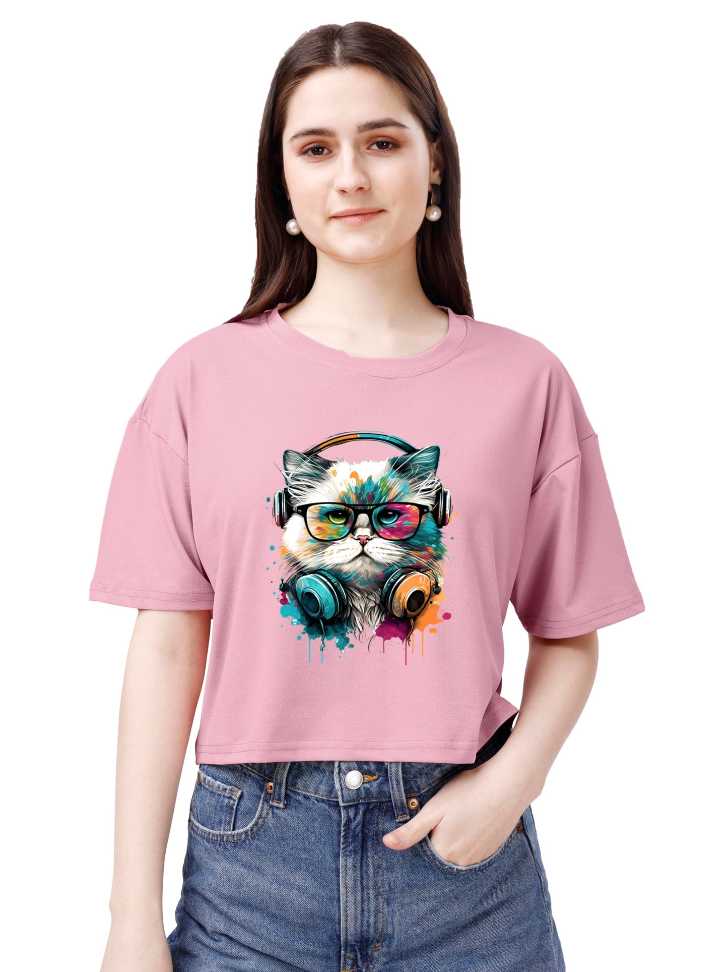 ELLITI Soft Rich Cotton Casual Cat Face Printed Rose Gold Half Sleeve | Round Neck | Oversized/Loose Fit | Down Solder | Rainbow