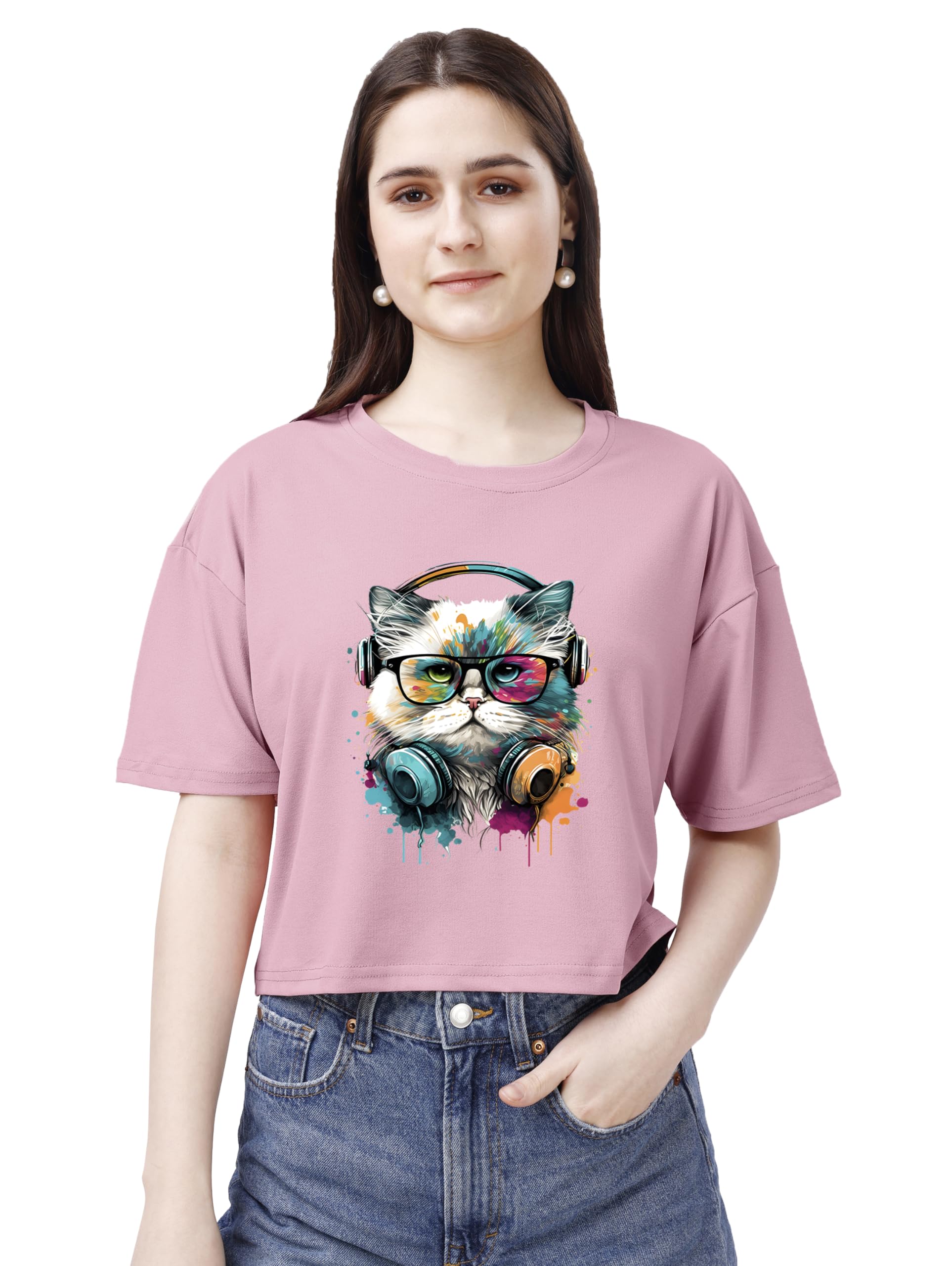 ELLITI Soft Rich Cotton Casual Cat Face Printed Rose Gold Half Sleeve | Round Neck | Oversized/Loose Fit | Down Solder | Rainbow