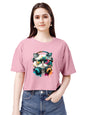 ELLITI Soft Rich Cotton Casual Cat Face Printed Rose Gold Half Sleeve | Round Neck | Oversized/Loose Fit | Down Solder | Rainbow