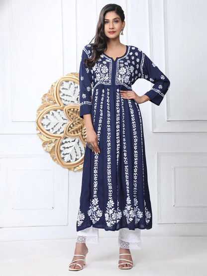 GoSriKi Women's Rayon Blend Chikankari Embroidered Anarkali Kurta