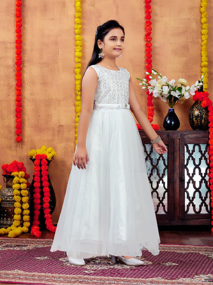 Aarika Girls White Colour Embellished Net Gown (9-12 Years)