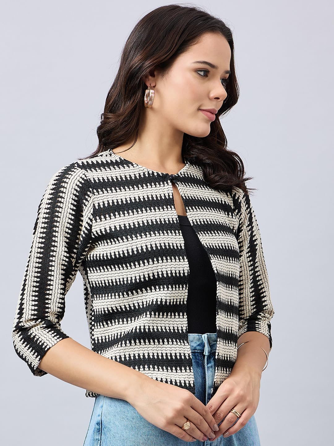 Style Quotient Women Stripe Lace Shrug Beige