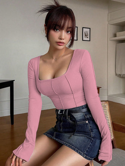 Sugathari Womens Peach Solid Long Sleeve Wrap-Style Square Split Crew Neck Bodycon Women T-Shirt Spring And Summer Top, Minimal