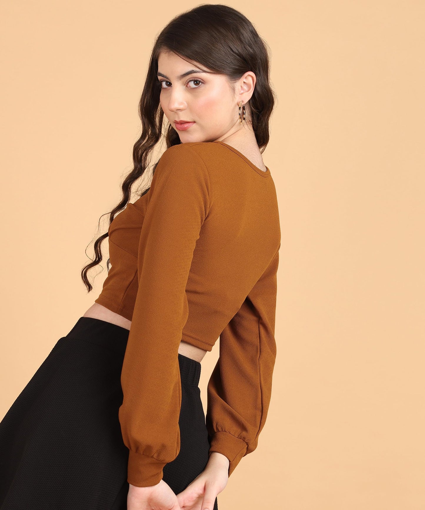 POPWINGS Women Casual Self Design Rust Deep V Neck Full Sleeve Crop Top