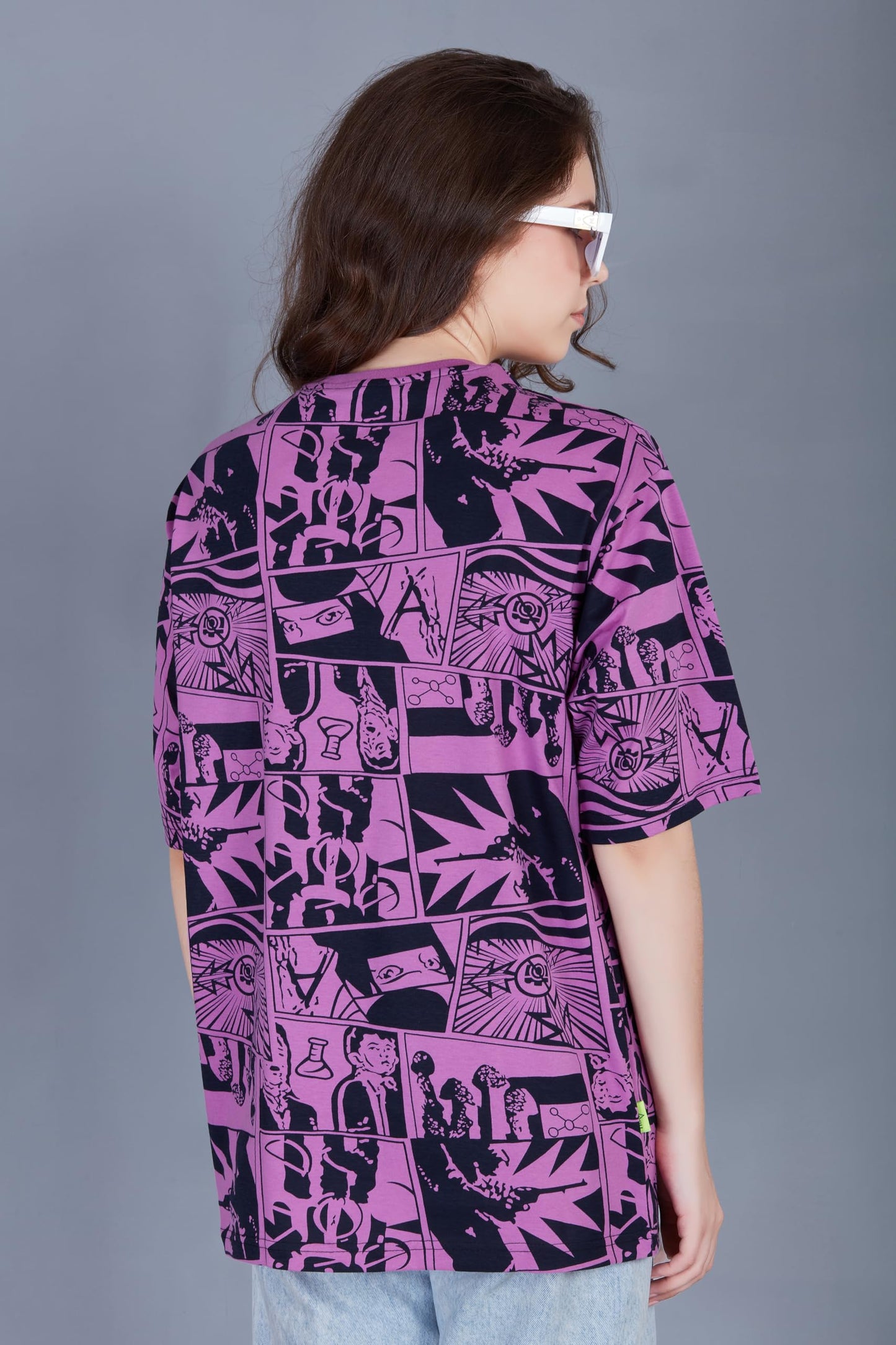 Thalasi Comic All Over Printed Purple Anime Oversized T Shirts For Women - Drop Shoulder Loose Fit Cotton T-Shirt - Trending Nar