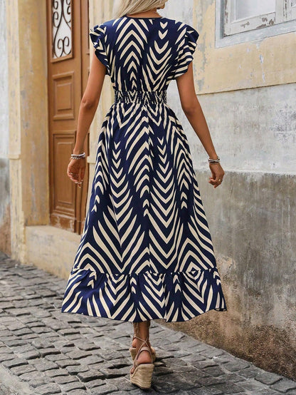 Shasmi WomenS & GirlS Navy Blue V-Neck Striped Printed Dress With Ruffled Hem And Belted Waist For Vacation, One Piece Dress F