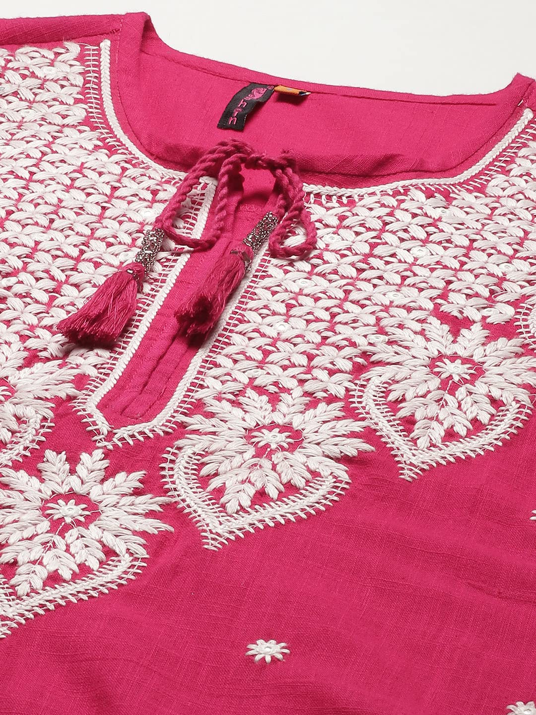 ishin Women's Cotton A-Line Embroidered Beads and Stones Floral Print Pink Kurti