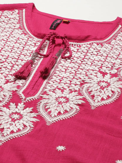 ishin Women's Cotton A-Line Embroidered Beads and Stones Floral Print Pink Kurti