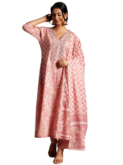 Libas Womens Printed Cotton A-Line Kurta With Trousers And Dupatta