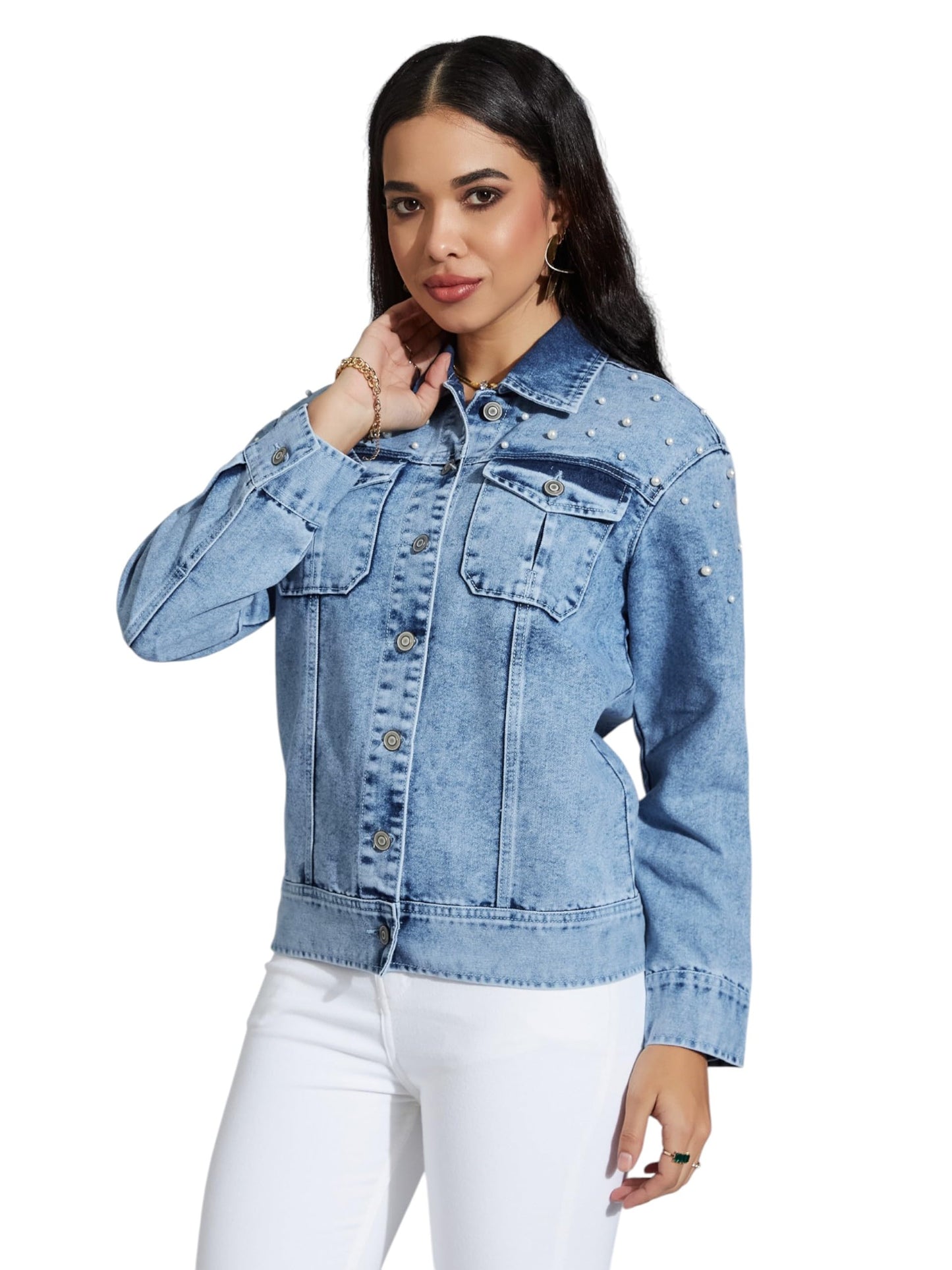 Miss Chase Womens Full Sleeve Pearl Denim Jacket (MCAW24DEN05-95-158-05, Light Blue, L)