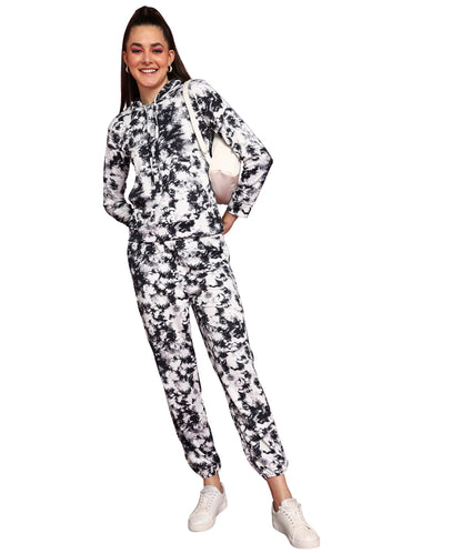 POPWINGS Women Casual Self Design Black & White Tie & Dye Printed Sweatshirt & Jogger Co-Ords Set
