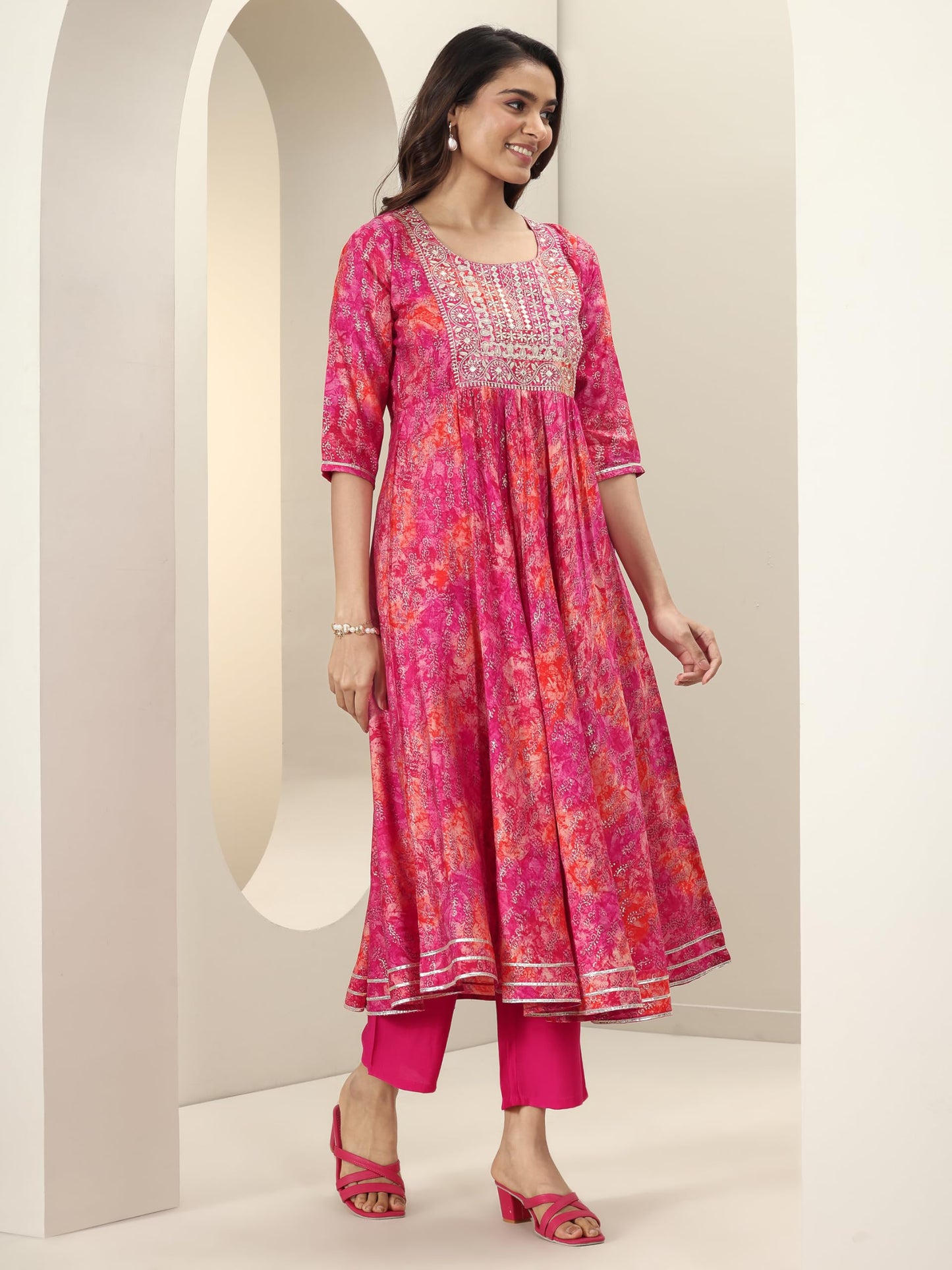 Libas Pink Ethnic Motif Printed Anarkali Kurta With Solid Trouser And Printed Dupatta