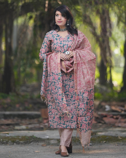 GoSriKi Women's Kurta Set with Trousers & Dupatta, Moringa Green, XXL