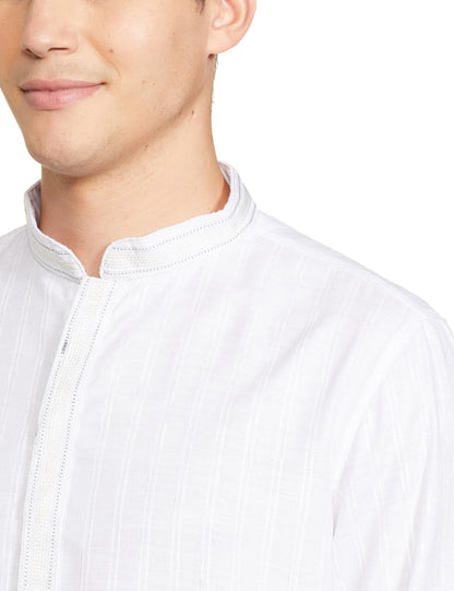 Manyavar White Blended Viscose Self Design Casual Kurta Set For Men