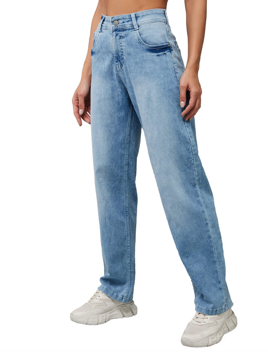 Miss Chase WomenS Light Blue Wide-Leg Fit High Rise Regular Length Stretchable Denim Jeans