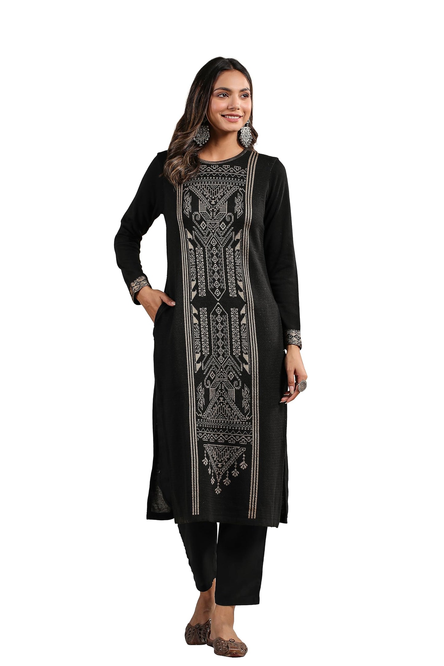 Ishin WomenS Black Jacquard Style Geometric Pattern Straight Winterwear Kurta