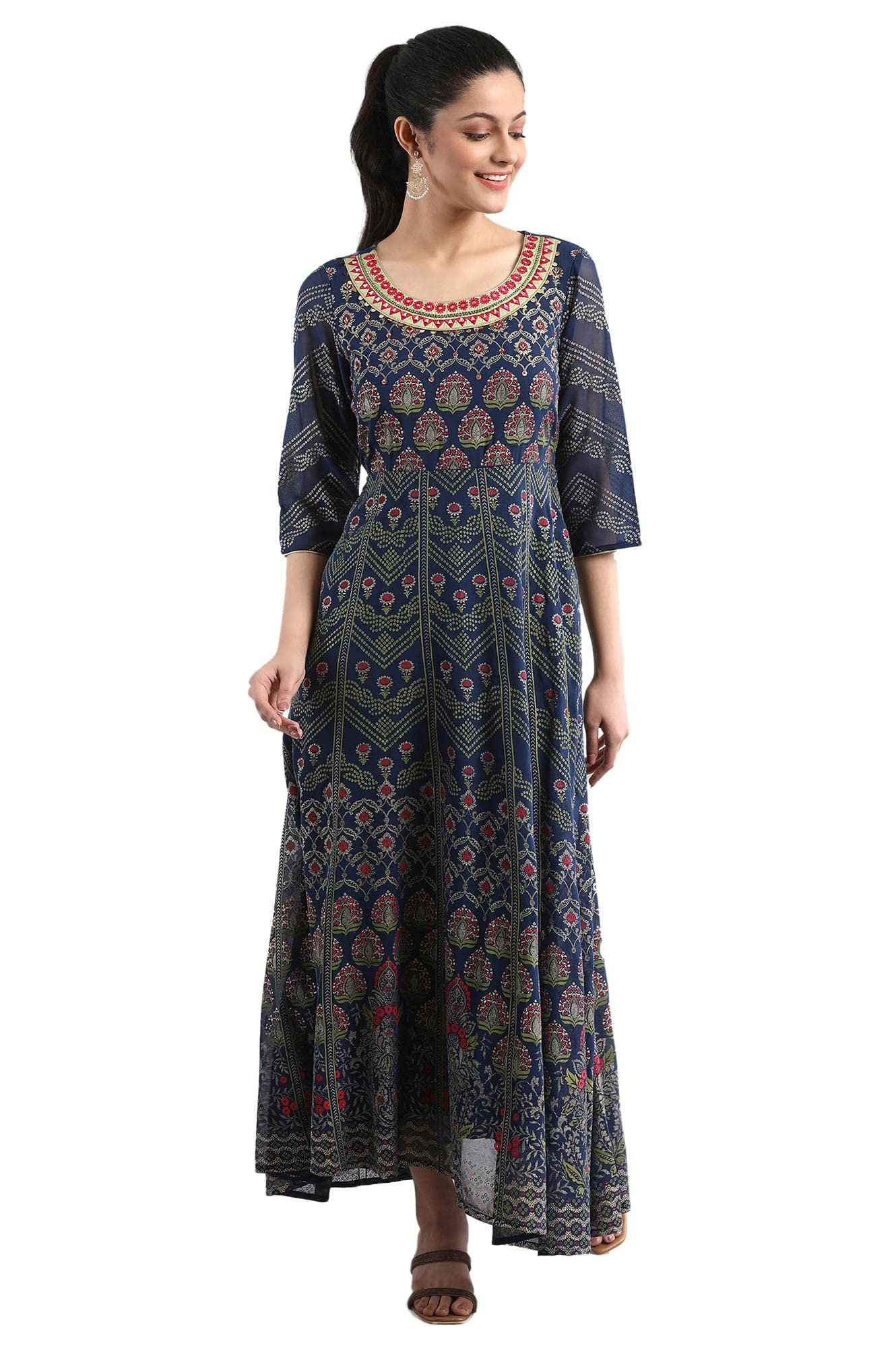 Aurelia Navy Blue Embellished Flared Georgette Dress (Size: M)-24AUD10308-501656