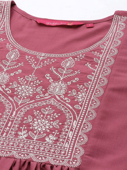 anubhutee Women's Silk Mauve Zari Work Woven Design Embroidered A-Line Kurta