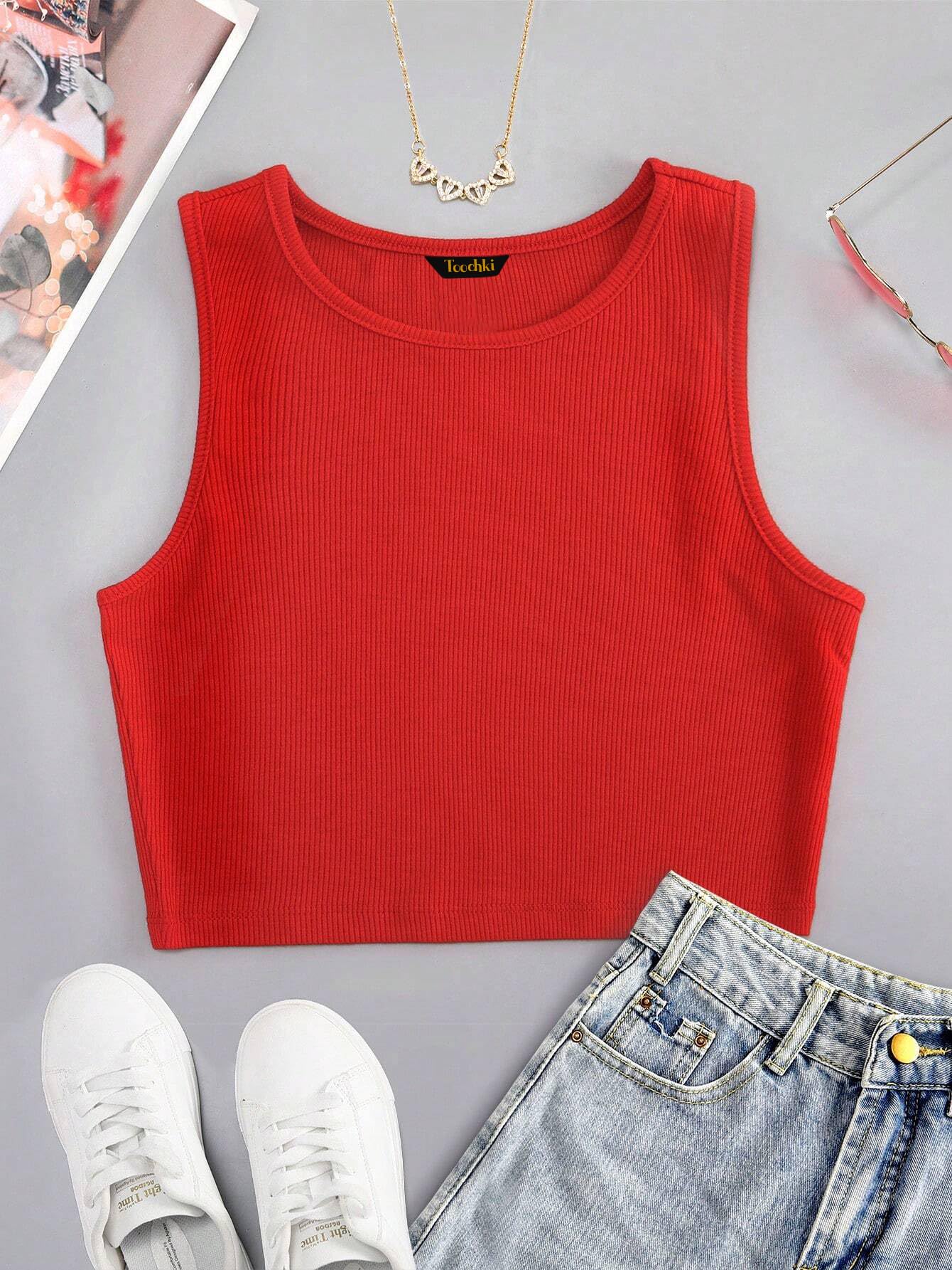 Toochki Tops for Woman | Spandex Top | Crop | Short | Western | for Jeans | Sleeveless | Stretchable | Red