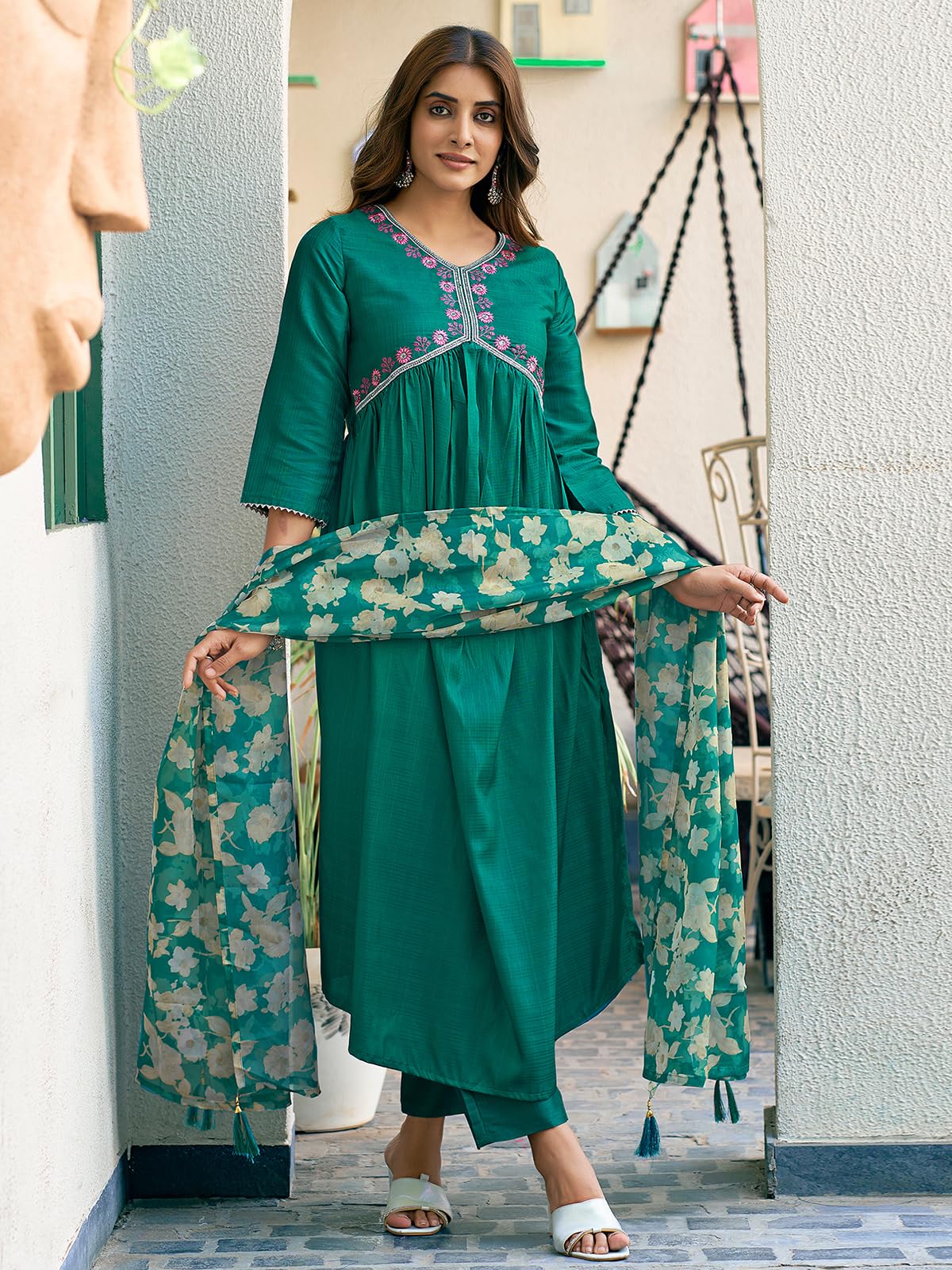 Sanisa Womens Art Silk Sequence Embroidery Work Gota Lace Alia Cut Kurta with Pant and Dupatta Set| Ethnic Set | Suit Set | Kur