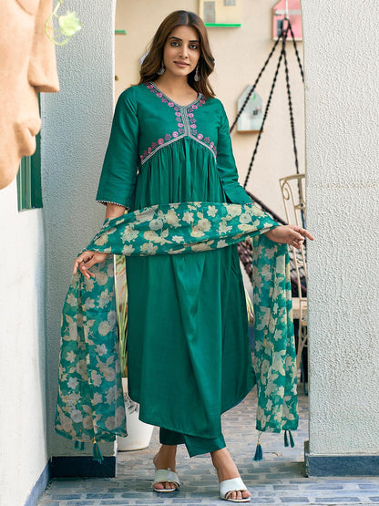 Sanisa Womens Art Silk Sequence Embroidery Work Gota Lace Alia Cut Kurta with Pant and Dupatta Set| Ethnic Set | Suit Set | Kur