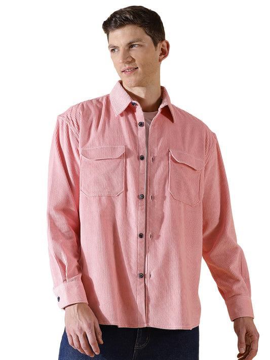 Thomas Scott Mens | Full Sleeve | Corduroy | Double Pockets | Relaxed Fit | 100% Cotton | Spread Collar | Casual | Shirts (Pink_