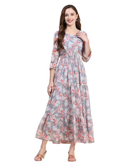 Toochki WomenS Grey Georgette Floral Tiered Western Dress | Dress For Women | A Line Dress | Winter Dress | Western Dress | Lat