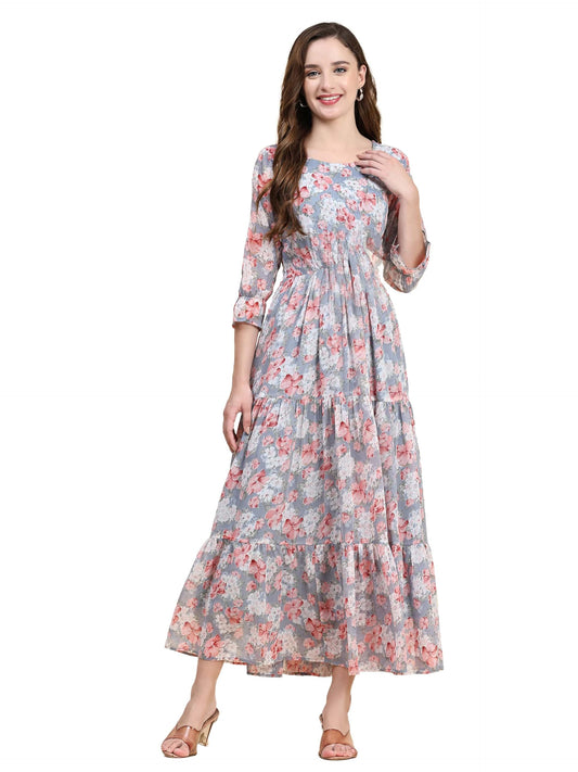Toochki WomenS Grey Georgette Floral Tiered Western Dress | Dress For Women | A Line Dress | Winter Dress | Western Dress | Lat