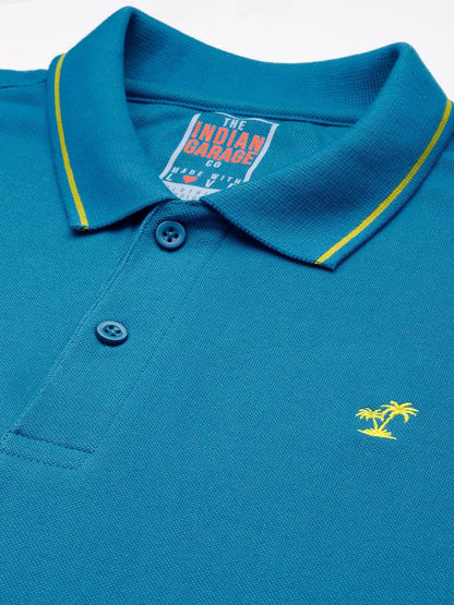 The Indian Garage Co Men Slim Fit Solid Polo Collar Tshirt Blue