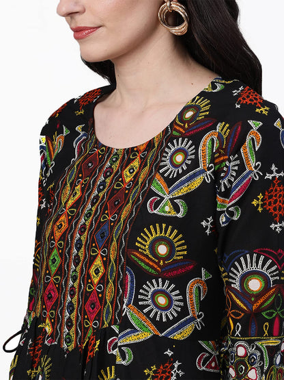 ishin Women's Cotton Anarkali Printed Mirror Work Ethnic Motifs Print Black Kurti